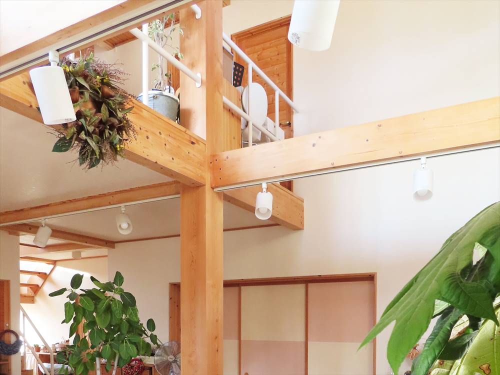 木の梁と植物が吊るされた開放的な空間